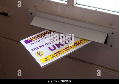 Wahl-Broschüre von rechten Flügel UKIP, UK Independence Party, geliefert in Briefkasten in Thanet. Akquisition von 2017 Kent County Council Wahlen Stockfoto