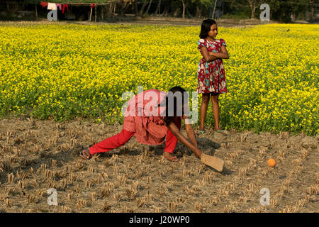 Eine ländliche Mädchen spielt Cricket im Agrarbereich in Jessore, Bangladesch. Stockfoto