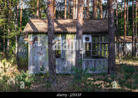 Russischen Comic-Figuren eingezeichnet auf ein Sommerhaus in 'Emerald' Erholung Basis in Chernobyl Nuclear Power Plant Zone der Entfremdung, Ukraine Stockfoto