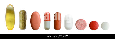 Isolierte Sammlung von verschiedenen medizinischen Tabletten und Pillen Stockfoto