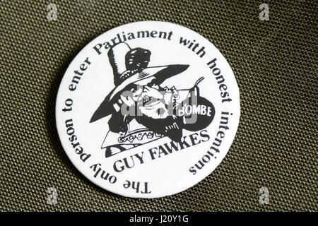 Guy Fawkes - die einzige Person ins Parlament mit ehrlichen Absichten - Abzeichen Stockfoto