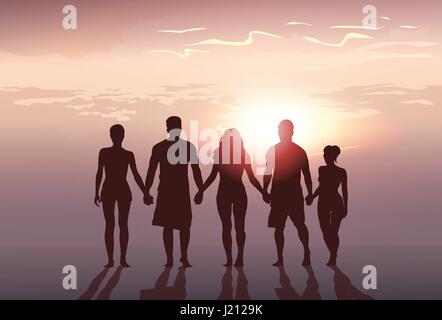 Silhouette-Fraktion Stand halten Hände Mann und Frau in voller Länge über Sonnenuntergang Hintergrund Stock Vektor