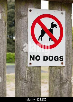 ein Schild mit der Aufschrift keine Hunde rot schwarz / weiß Park Sicherheit sauberen Bereich private Symbol Kreis überquerte am Zaun in der Nähe von Spielplatz Stockfoto