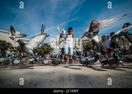 Barcelona, Katalonien, Spanien. 23. April 2017. Ein kleiner Junge hat Spaß erschrecken Tauben an Barcelonas "Plaza Catalunya" auf Sant Jordi (Str. Georges Tag), Schutzpatron Kataloniens. Bildnachweis: Matthias Oesterle/ZUMA Draht/Alamy Live-Nachrichten Stockfoto