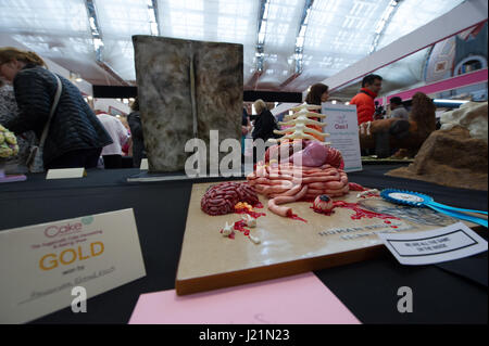 Alexandra Palace, UK. 23. April 2017. Interessante und einzigartige handgemachte Kuchen auf dem Display an Kuchen International im Alexandra Palace, London. Konkurrenten aus der ganzen Welt kamen in den größten Kuchen-Wettbewerb konkurrieren. Mehrfach wurden die Teilnehmer von Amateuren, Facharbeit vorgestellt. Es gab verschiedene Kategorien mit festen Regeln für jede Kategorie eingeben, die zu verschiedenen Designs für jeden Kuchen geführt. Andrew Steven Graham/Alamy Live-Nachrichten Stockfoto