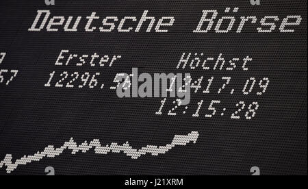 Die DAX-Kurve auf dem Display der Börse ist jetzt auf ein Rekordhoch von 12417, 09 Punkte in Frankfurt Am Main, Deutschland, 24. April 2017. Der deutsche Leitindex hat nach den Präsidentschaftswahlen in Frankreich ein neues Rekordhoch erreicht. Die Börse Barometer stieg auf fast 12.400 Punkte, markieren eine neue Rekord-Bestzeit. Foto: Arne Dedert/dpa Stockfoto