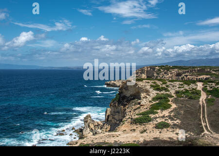 Capo Mannu Cliffs in Sardinien gegen blaue Meer oder Ozean mit blauen Himmel und Cumulus-Wolken. Wellen gegen Felsen und Trail für Autos gilt. Stockfoto