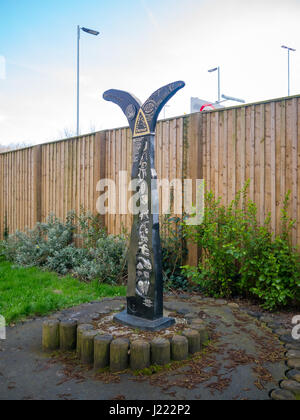 Eine Skulptur, die Kennzeichnung Sustrans national Cycle Routennummer 22 in Stamshaw, Portsmouth Stockfoto