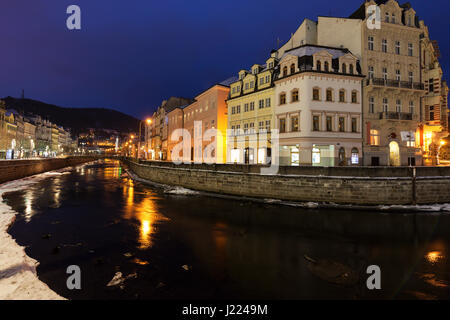 Winter in Karlovy Vary/Karlsbad. Karlovy Vary (Karlsbad), Böhmen, Tschechien. Stockfoto