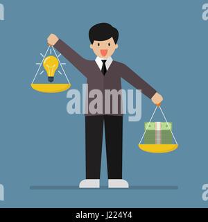 Geschäftsmann, die Balance zwischen Idee und Geld für zwei mit einem Gewicht von Tabletts an beiden Händen. Vektor-illustration Stock Vektor