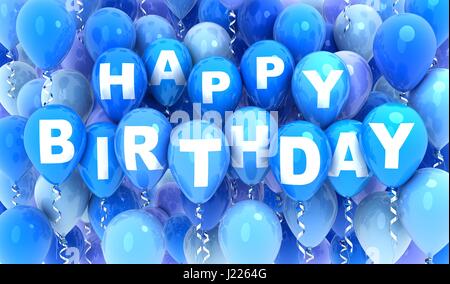 Ballons fliegen blau und beachten Sie Geburtstag. 3D illustration Stockfoto