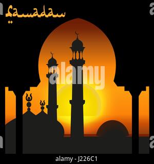 Stadt im Osten. Minarette auf dem Hintergrund der Sonnenauf- oder Sonnenuntergang. Inschrift des Ramadan. Abbildung Stock Vektor