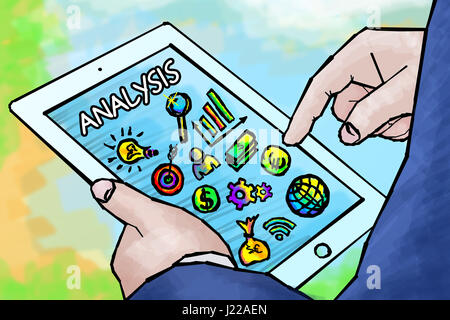 Business, Technologie, Internet und Networking-Konzept. Junger Geschäftsmann auf seinem Tablet arbeiten. Analyse Stockfoto