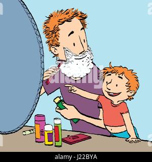 Vater rasiert Sohn Uhren. Karikatur Cartoon Stil Hand gezeichneten farbigen illustration Stock Vektor