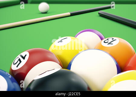 3D Abbildung American Pool-Billard-Kugeln-Hintergrund. Amerikanisches Billard. Close-up-Billard-Kugeln. Bar-Spiel. Billard-Tischspiel. Stockfoto