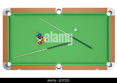 3D-Illustration Billardkugeln am grünen Tisch mit Billard Cue, Snooker, Billard. Billard-Konzept, Ansicht von oben Stockfoto