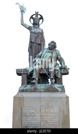 1903 Statue von Ernest Renan und die Griechische Göttin Athene in Tréguier Stadtplatz, Frankreich Stockfoto