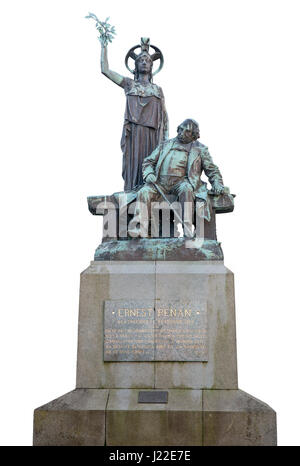 1903 Statue von Ernest Renan und die Griechische Göttin Athene in Tréguier Stadtplatz, Frankreich Stockfoto