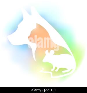 Farbige Logo für Tierklinik und Tierhandlung. Vektor-Haustiere-Silhouette auf einem bunten Hintergrund. Hund, Katze und Maus. Stock Vektor