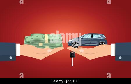 Hand geben das Geld auf die Hand mit dem Auto und Schlüssel Vektor-Illustration. Stock Vektor