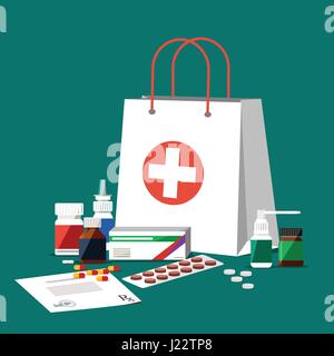 Einkaufstasche mit medizinische Pillen und Flaschen, Tabletten, Gesundheitswesen und Einkaufsmöglichkeiten, Apotheke, Drogerie. Vektor-Illustration im flachen Stil Stock Vektor