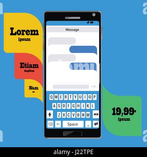 Smartphone mit messaging Sms app, Vektor-Illustration im flachen Stil. Werbekonzept Stock Vektor