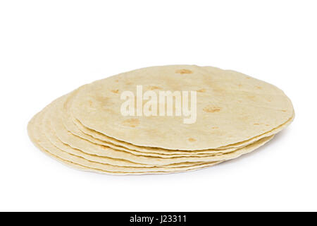 Weizen Tortillas von oben, isoliert auf weißem Hintergrund runden Stockfoto