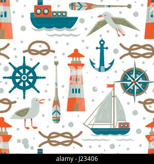 Nautische Thema Musterdesign.  Handliche gruppierte Elemente der einzelnen Bilder Stock Vektor