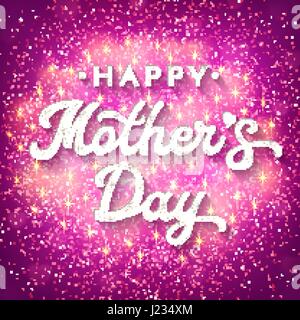 Muttertag Karte mit weichen Bokeh verschwimmt Herzen, glitter Textur Konfetti und funkelt. Handgezeichneten Schriftzug Plakat mit kalligrafischen Schrift auf rosa Hintergrund. Font Vector Illustration. Stock Vektor