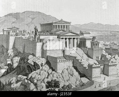 Antiken Griechenland. Athen. Akropolis. Gravur. des 19. Jahrhunderts. Stockfoto