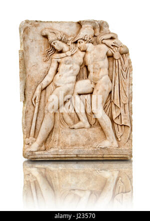 Römischer Tempel freize Reliefskulptur von Achilles und eine sterbende Amazone, Aphrodisias Museum, Aphrodisias, Türkei.   Achilles unterstützt die sterbende Amazon que Stockfoto