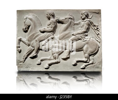 Releif Skulpturen aus dem Fries rund um den Parthenon Block IV. Aus dem Parthenon von der Akropolis in Athen. Eine britische Museumsausstellung bekannt als The Elg Stockfoto