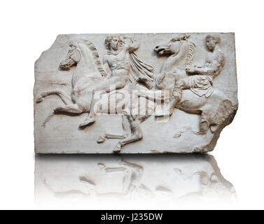 Releif Marmorskulpturen aus dem Fries rund um den Parthenon Block II. Aus dem Parthenon von der Akropolis in Athen. Eine britische Museumsausstellung genannt Stockfoto