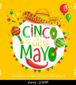 Cinco De Mayo, Schriftzug auf Urlaub Hintergrund, Poster, Banner, Grußkarte für Ankündigung, Einladung und Party. Stock Vektor