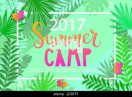 Sommer Camp 2017 Schriftzug auf Dschungel-Hintergrund mit tropischen Blättern und Schmetterlinge. Vektor-Illustration. Stock Vektor