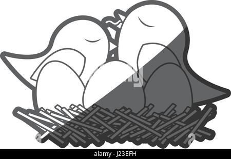 Graustufen dicken Silhouette der Vogel im Nest mit Eiern und Küken Stock Vektor