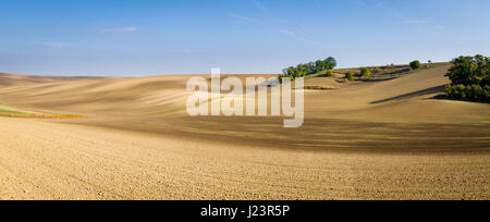 Panoramablick auf kultivierten Feld in Südmähren, Tschechien. Schöne wellige Felder. Stockfoto