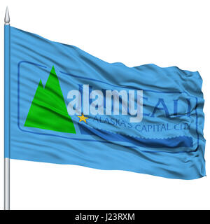 Juneau Flagge am Fahnenmast, Hauptstadt des Bundesstaates Alaska, im Wind, Isolated on White Background Stockfoto