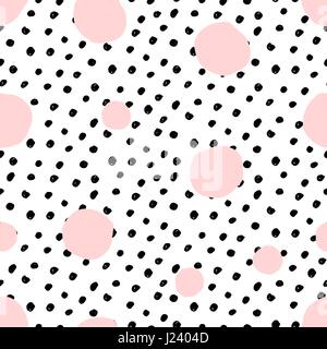 Hand gezeichnet nahtlose Muster mit runden Formen in Pastell rosa und schwarze Punkte Textur auf weißem Hintergrund. Moderne und originelle Textile Umhüllung Stock Vektor