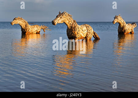 Kunst auf Sylt, Pferde gemacht von Stroh, Schleswig-Holstein, Deutschland, Europa Stockfoto