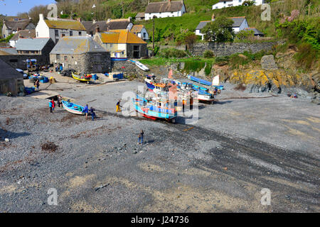 Fischer schleppen - Fischen Boot und seine Angeln Aufholen der Kiesstrand in einer Cornish angeln Cove. Cadgwith, Lizard Halbinsel, Cornwall, Großbritannien Stockfoto