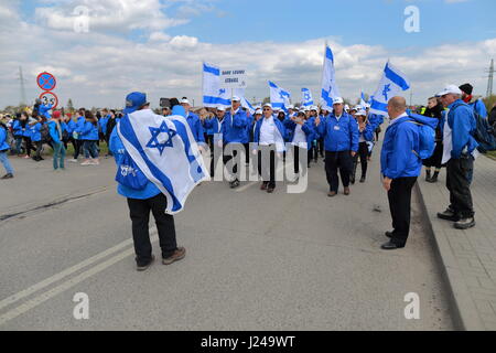 Auschwitz-Birkenau, Polen. 24. April 2017. Am Holocaust-Gedenktag (Yom HaShoah), März Tausende von Teilnehmern im Hintergrund von Auschwitz nach Birkenau, das größte nationalsozialistische Konzentrationslager komplexe während des zweiten Weltkrieges gebaut. Der Marsch der lebenden (Hebräisch: מצעד החיים) ist eine jährliche Bildungsprogramm, bringt Personen aus aller Welt nach Polen und Israel um die Geschichte des Holocaust zu studieren und zu prüfen, die Wurzeln der Vorurteile, Intoleranz und Hass. Bildnachweis: Rageziv/Alamy Live-Nachrichten Stockfoto