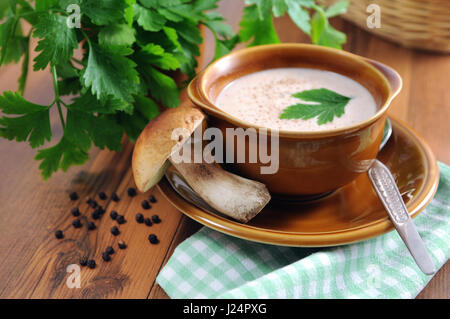 frische Brötchen Penny Pilze Suppe mit Petersilie Kraut. Stockfoto