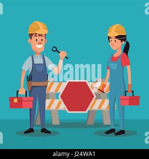 paar Leute Arbeiter Bau Uniform Werkzeuge Tag der Arbeit Stock Vektor