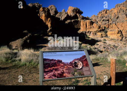 Winziger interpretativen Board, Mojave National Preserve, California Stockfoto