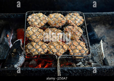 Grillen das Hackfleisch vom Schwein (Cha) in Vorbereitung der berühmten Hanoi Bún Cha Schale besteht aus gegrilltem Fleisch, Reis Nudelsuppe mit Kräutern. Stockfoto