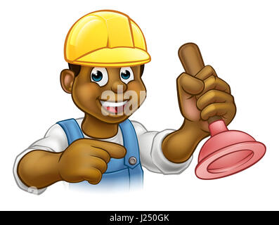 Ein Handwerker Klempner Cartoon-Figur hält einen Kolben und zeigen Stockfoto