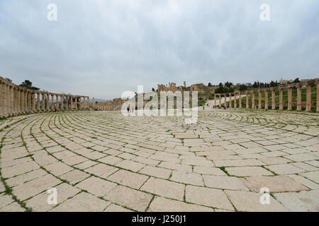 Das Forum Plaza in der antiken römischen Stadt Jerash in Jordanien. Stockfoto