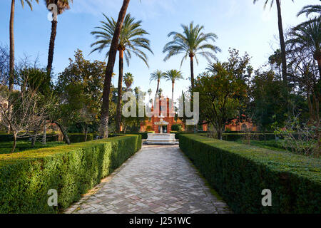 Gärten in Reales Alcazares in Sevilla - Residenz entwickelte sich aus einem ehemaligen maurischen Palast in Andalusien, Spanien Stockfoto