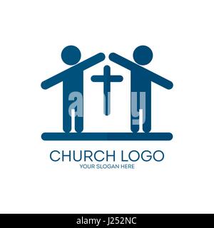 Logo der Kirche. Eine Kirche, bestehend aus Menschen, die Jesus Christus lieben Stock Vektor